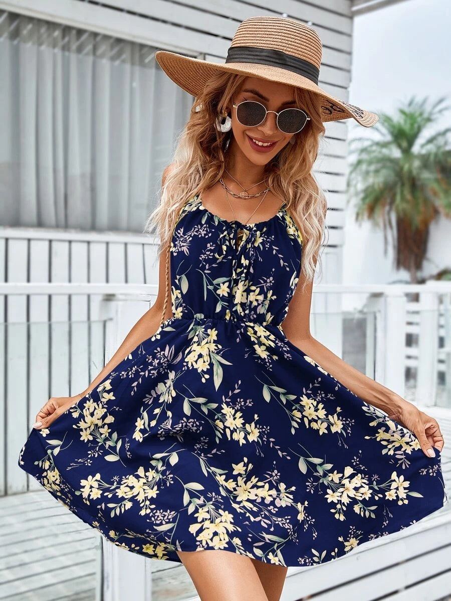 Floral Print Suspender Dress With Elastic Waist Summer Short Dre