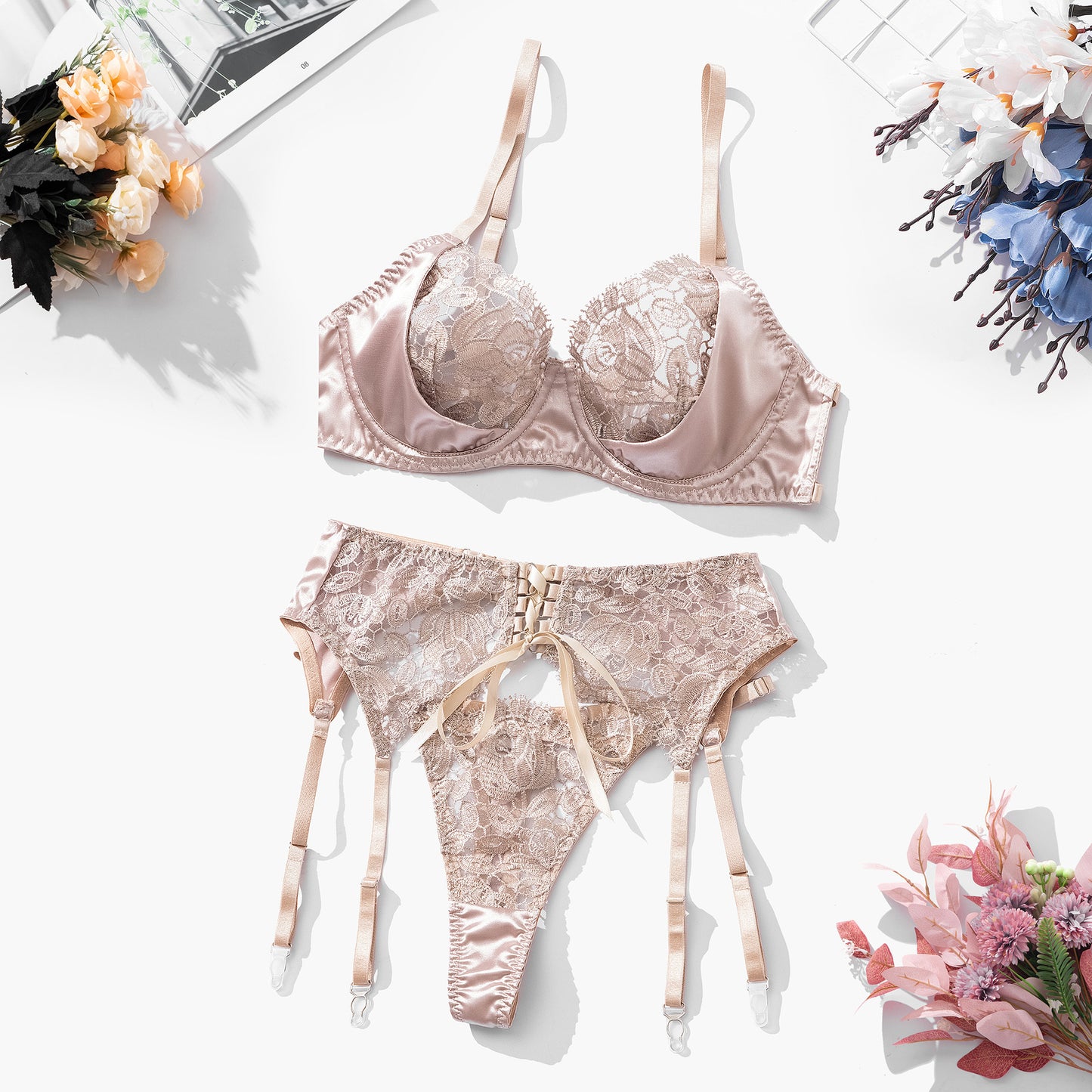 Jarretière de lingerie sexy avec broderie de fleurs à couture de ruban