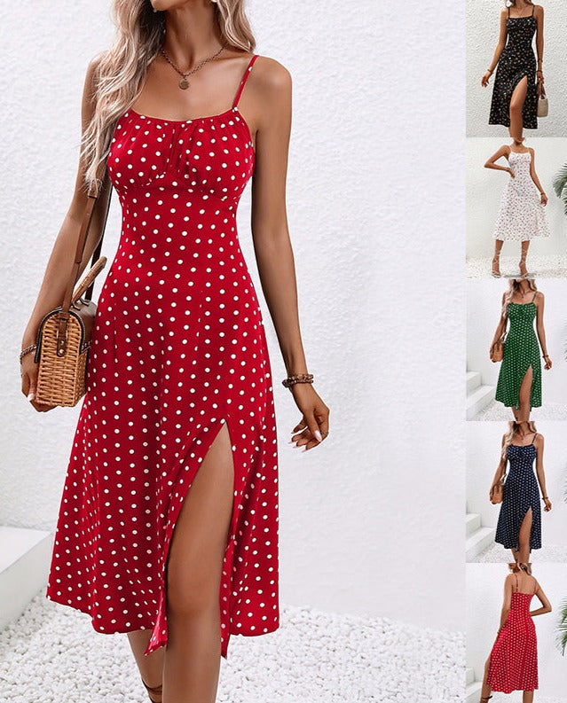 Robe à bretelles imprimée à pois Robes longues fendues