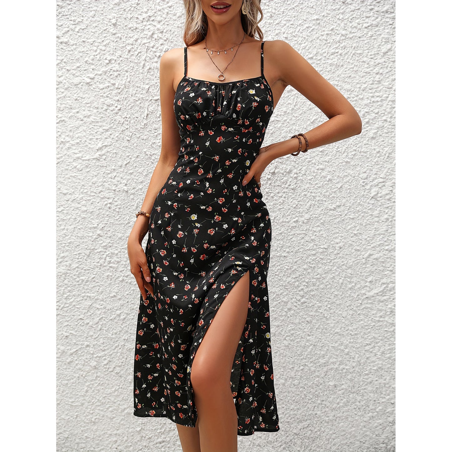 Robe à bretelles imprimée à pois Robes longues fendues