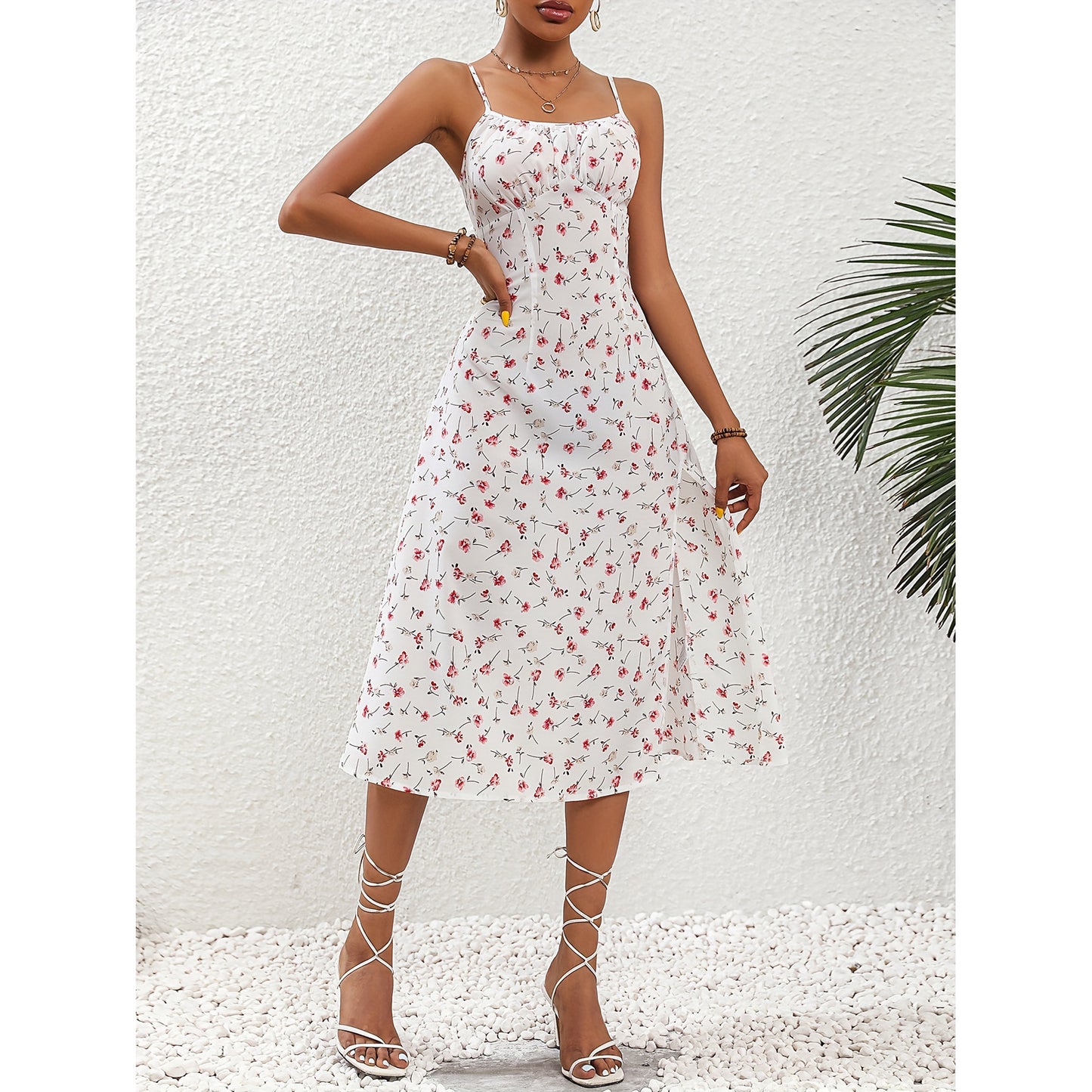 Polka Dot Print Suspender Dress Slit Long Dresses