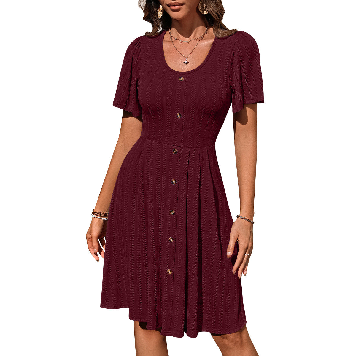 Summer U-neck Short-sleeved Dress With Button Casual Solid Col
