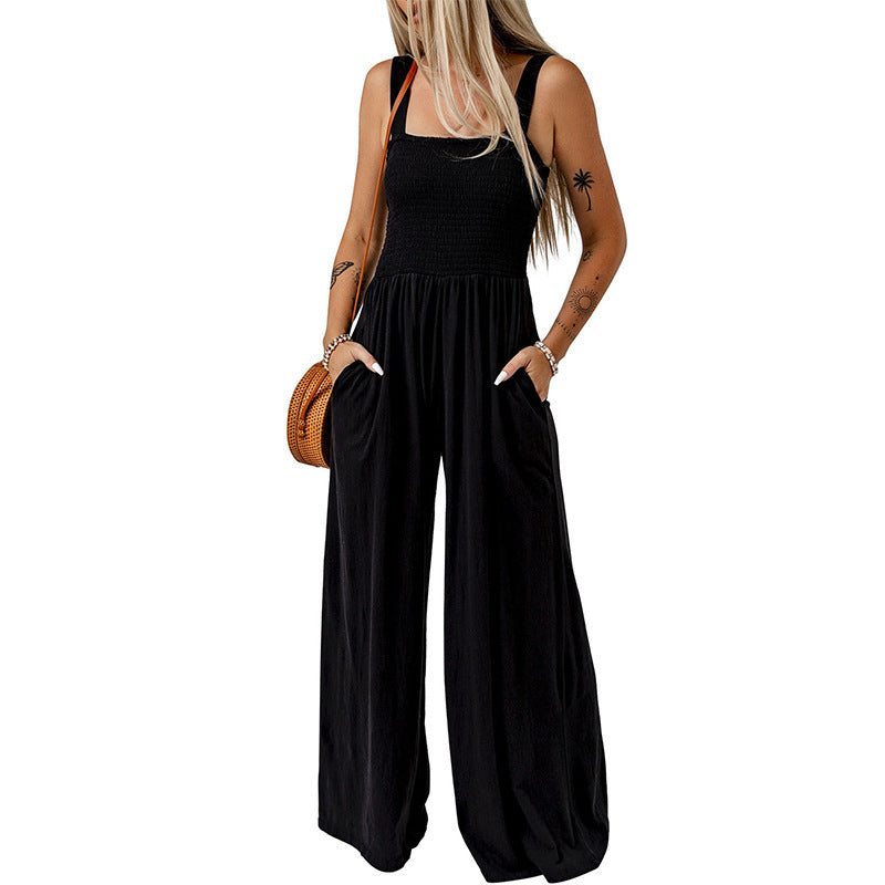 Summer Square Neck High Waist Jumpsuit Backless Pleated Design Wide Leg Trousers