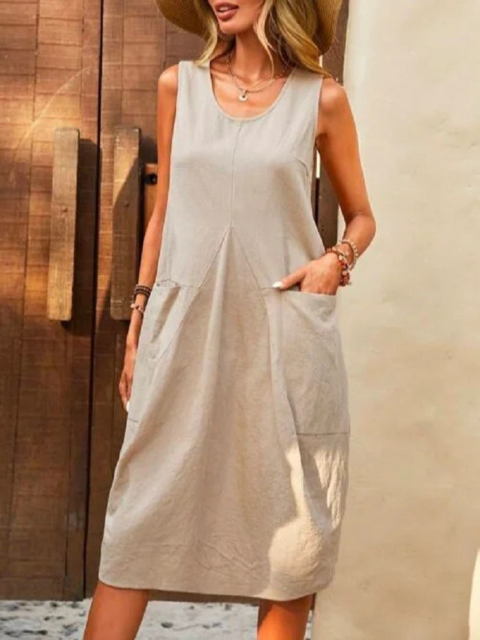 Sleeveless U-neck Dress With Pockets Design Casual Solid Color Loose Dresses
