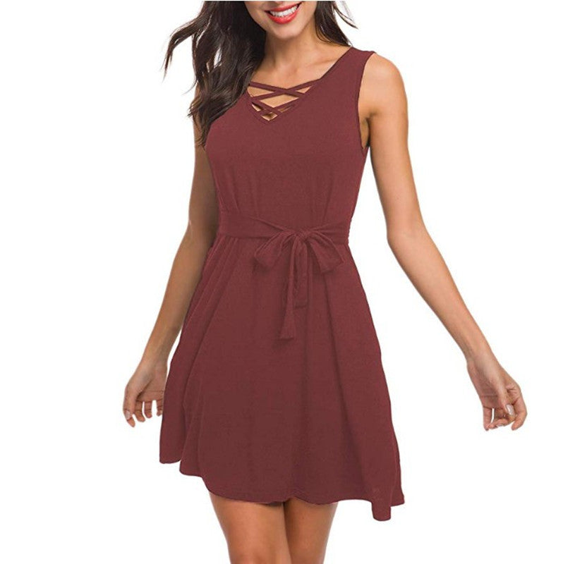 Sleeveless V-neck Belt Dress