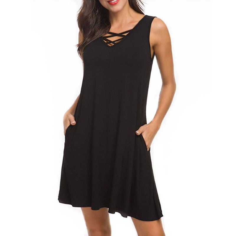 Sleeveless V-neck Belt Dress