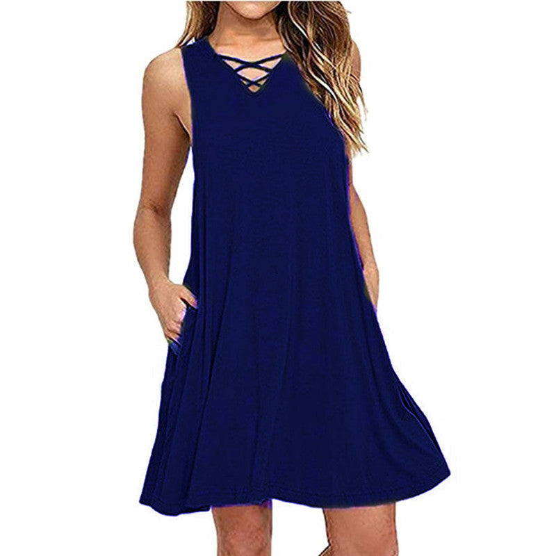 Sleeveless V-neck Belt Dress