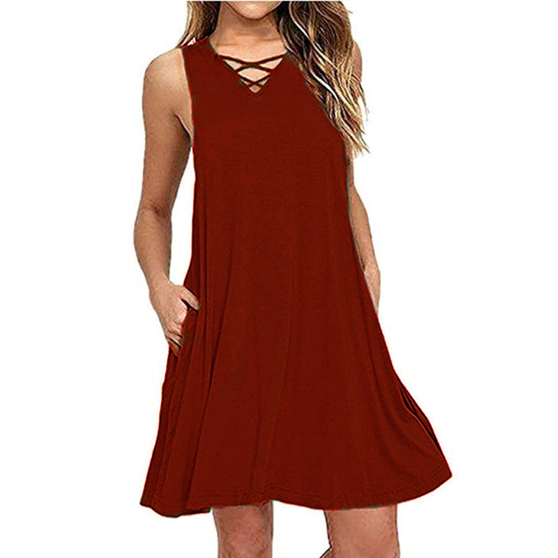 Sleeveless V-neck Belt Dress