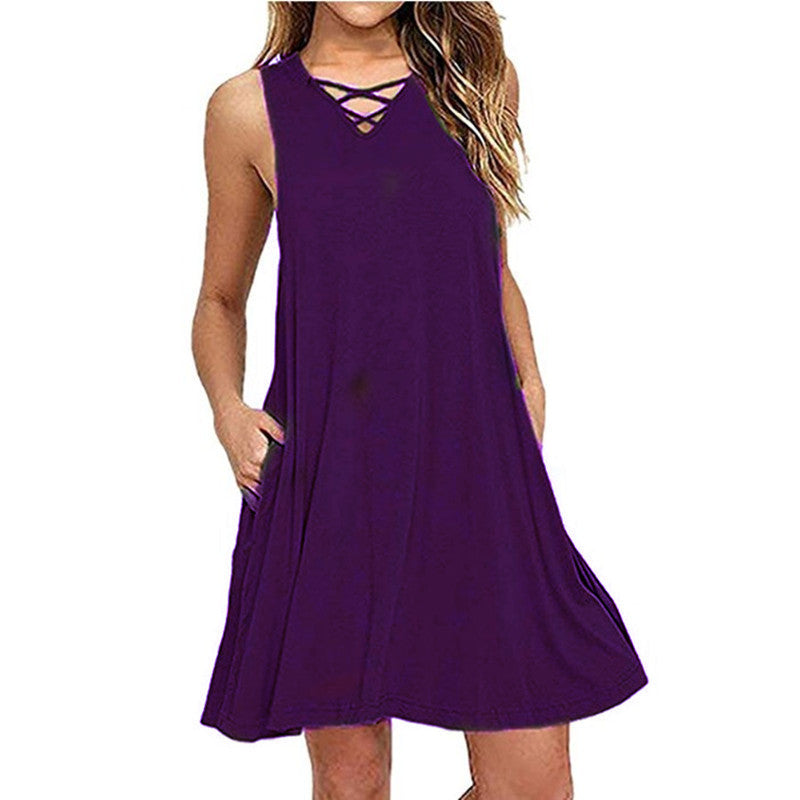 Sleeveless V-neck Belt Dress
