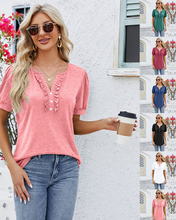 Solid Color V Neck Button Top  Short Sleeve T-Shirt