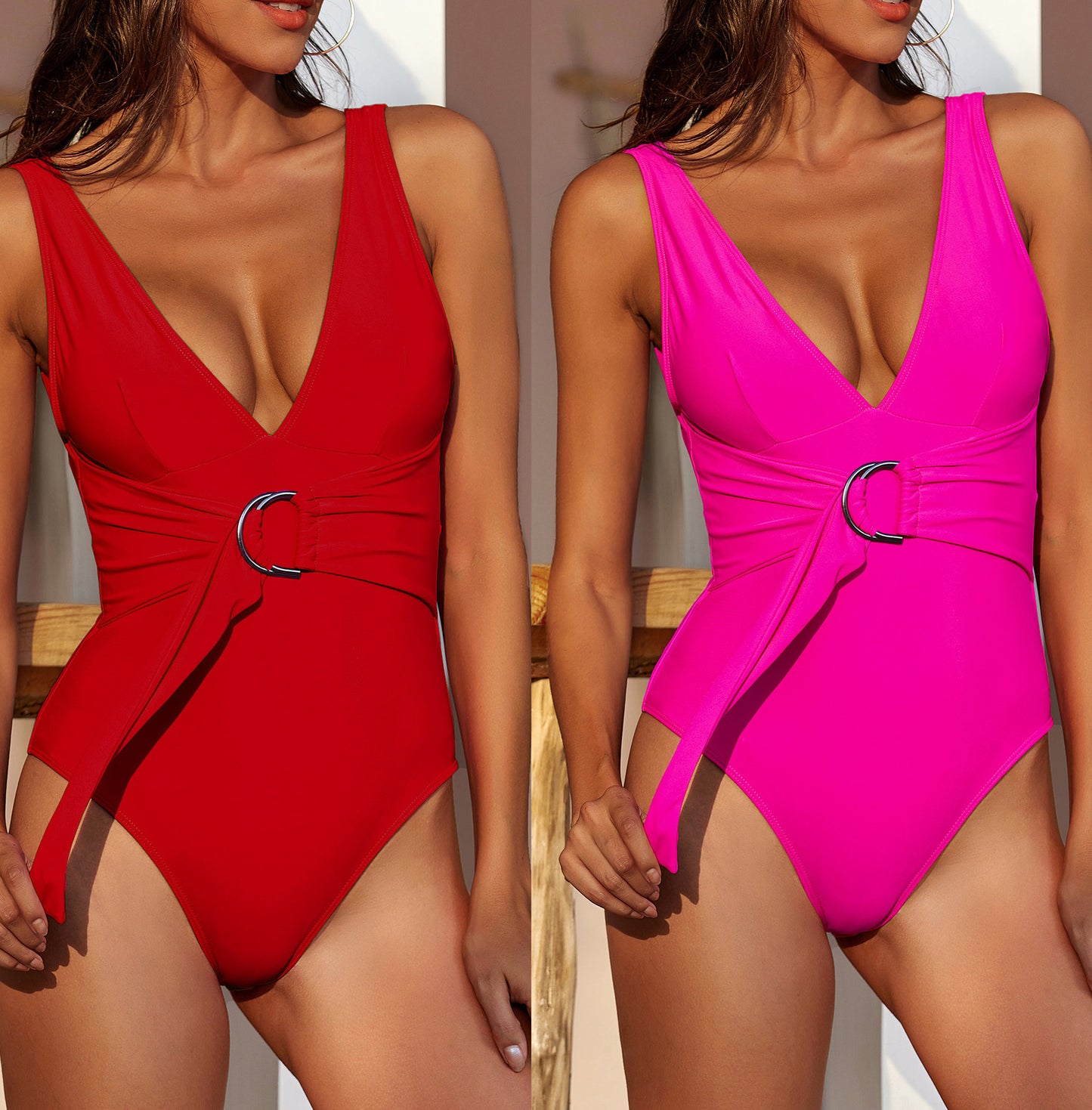 One Piece Swimsuit Neon, Belt Big Ring V Neck