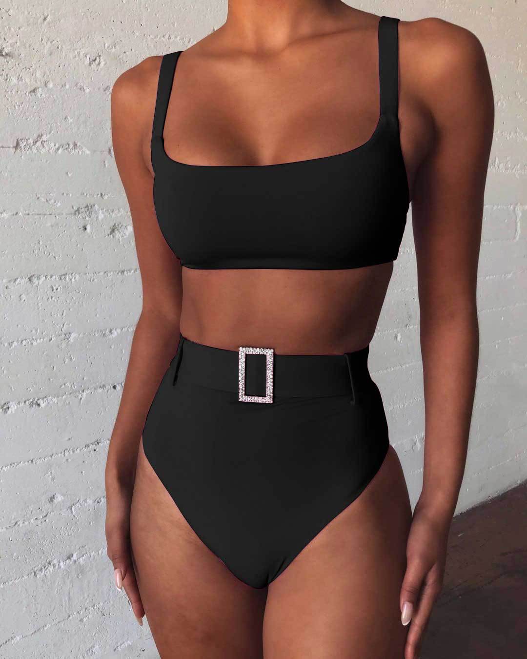 High waist solid colour swimsuit.