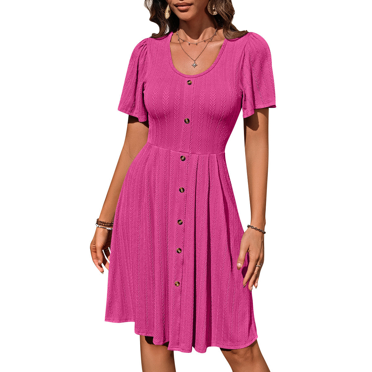 Summer U-neck Short-sleeved Dress With Button Casual Solid Col