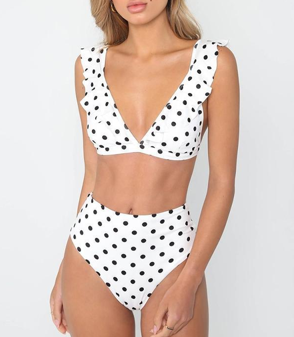 Dot Floral border high waist swimsuit swimsuit