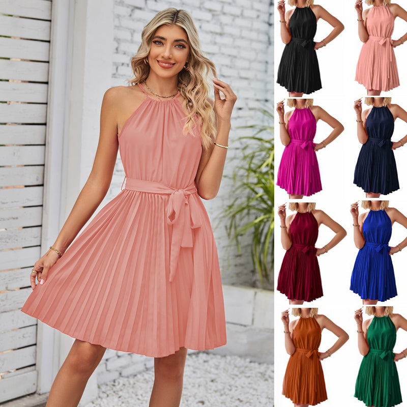 Strapless Dresses Solid Pleated Skirt Summer Beach Sundress