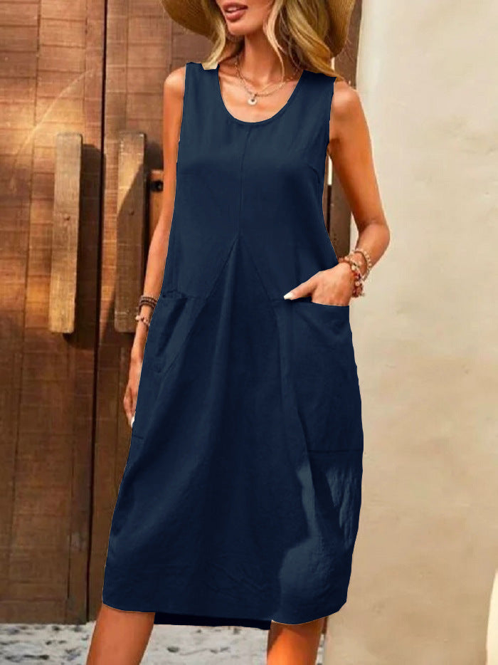 Sleeveless U-neck Dress With Pockets Design Casual Solid Color Loose Dresses