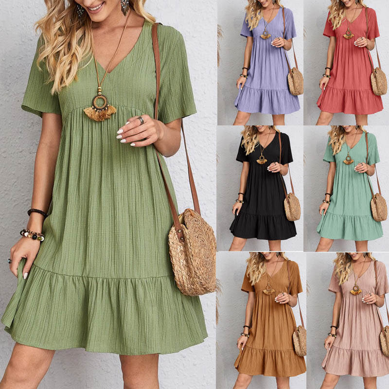 Summer V-neck  Loose Casual Short-sleeved Corset Dress