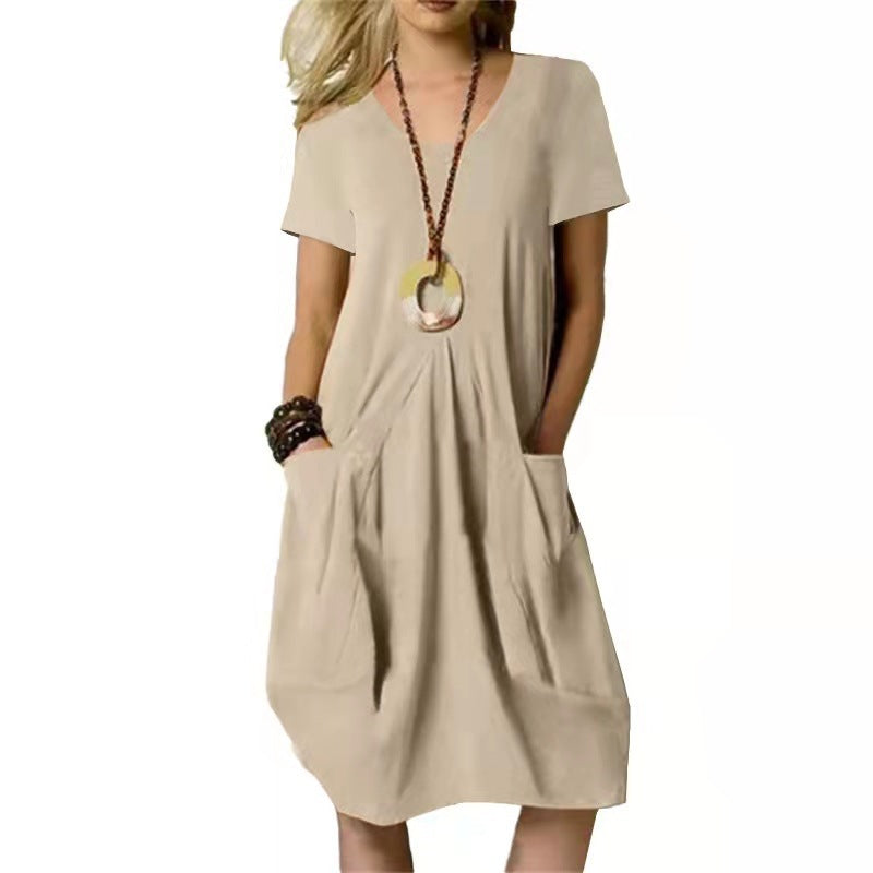Robe avec poches en coton et lin, couleur unie, ample, col rond, manches courtes