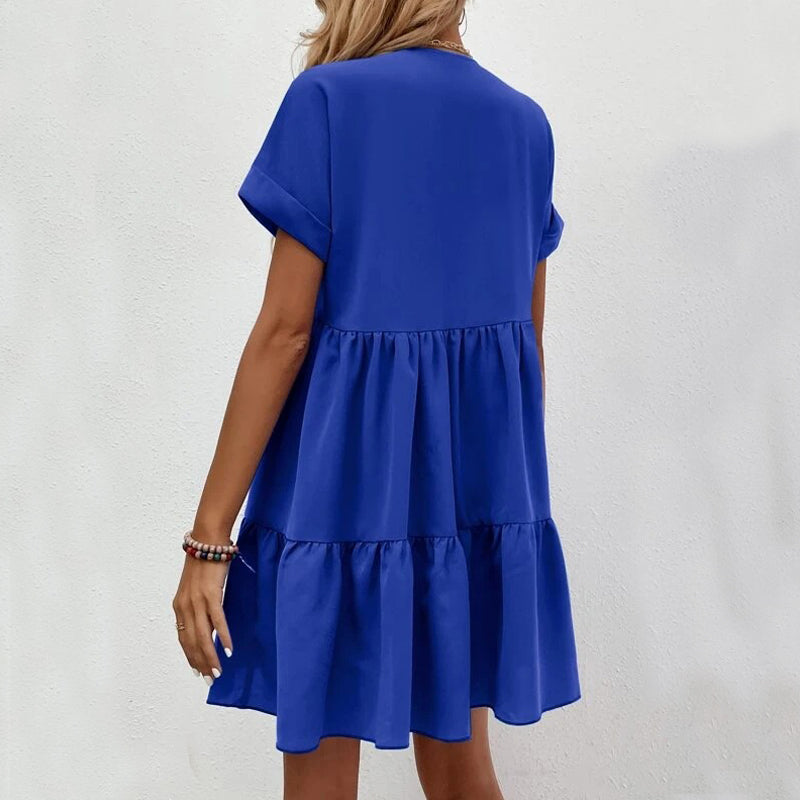 Short-sleeved V-neck Dress Casual Ruffled Dresses Solid Color