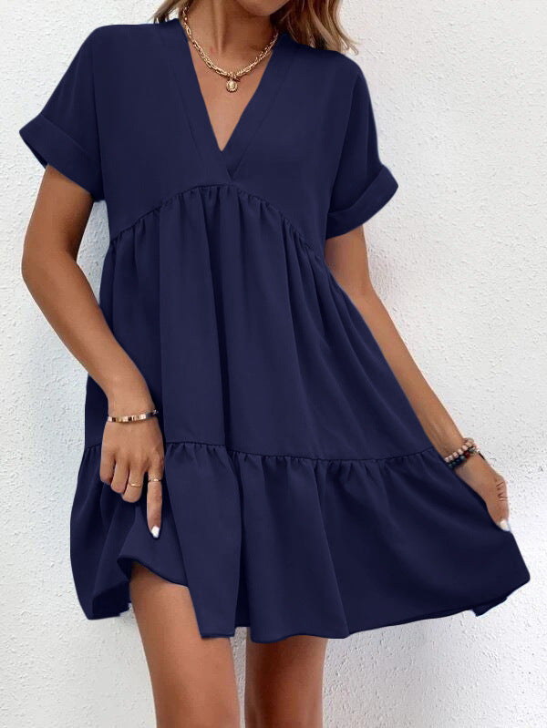 Short-sleeved V-neck Dress Casual Ruffled Dresses Solid Color