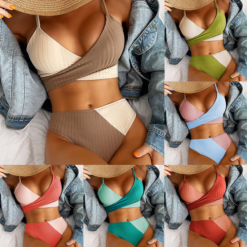 Bikini Patchwork Swimwear Ribbed Knot Ruched