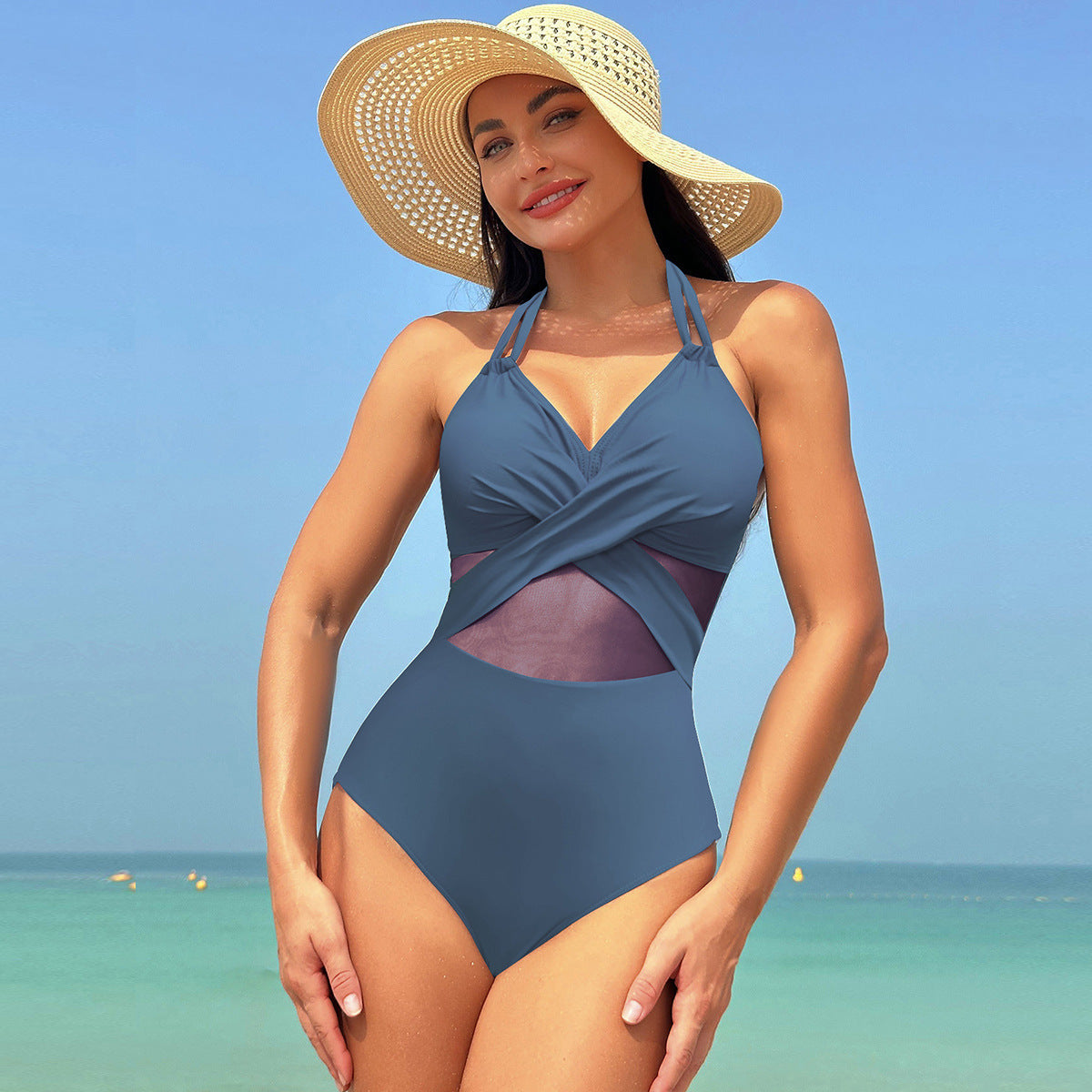 One-piece Swimsuit  Solid Color Cross-strap Design Mesh
