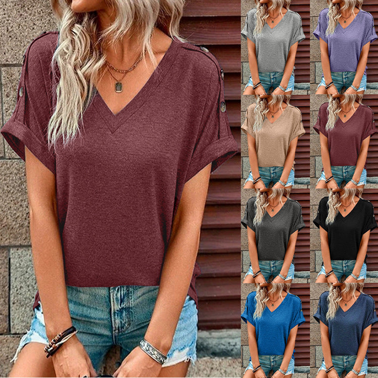 Top Solid Color Button Short Sleeve T-shirt