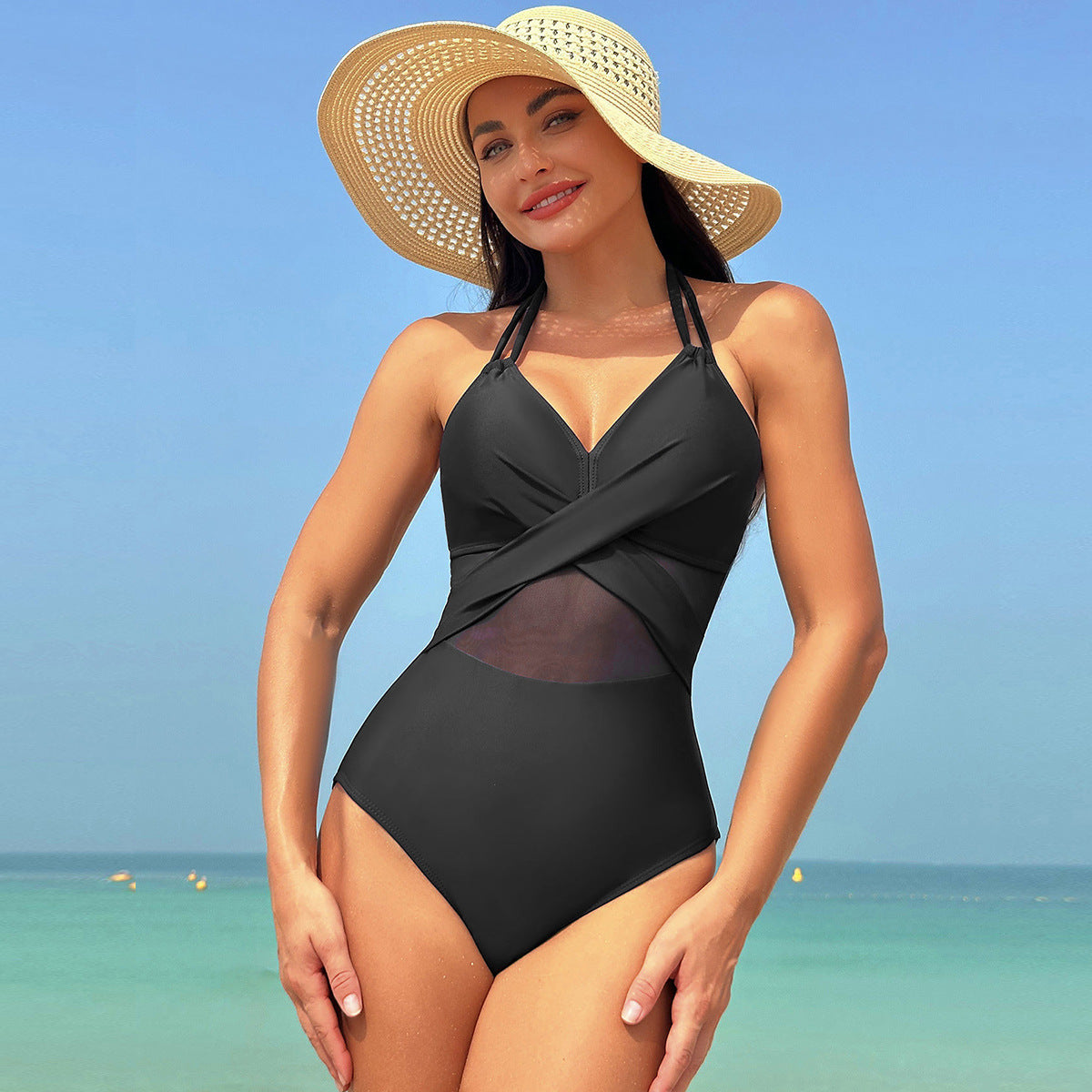 One-piece Swimsuit  Solid Color Cross-strap Design Mesh