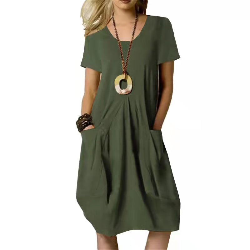 Robe avec poches en coton et lin, couleur unie, ample, col rond, manches courtes