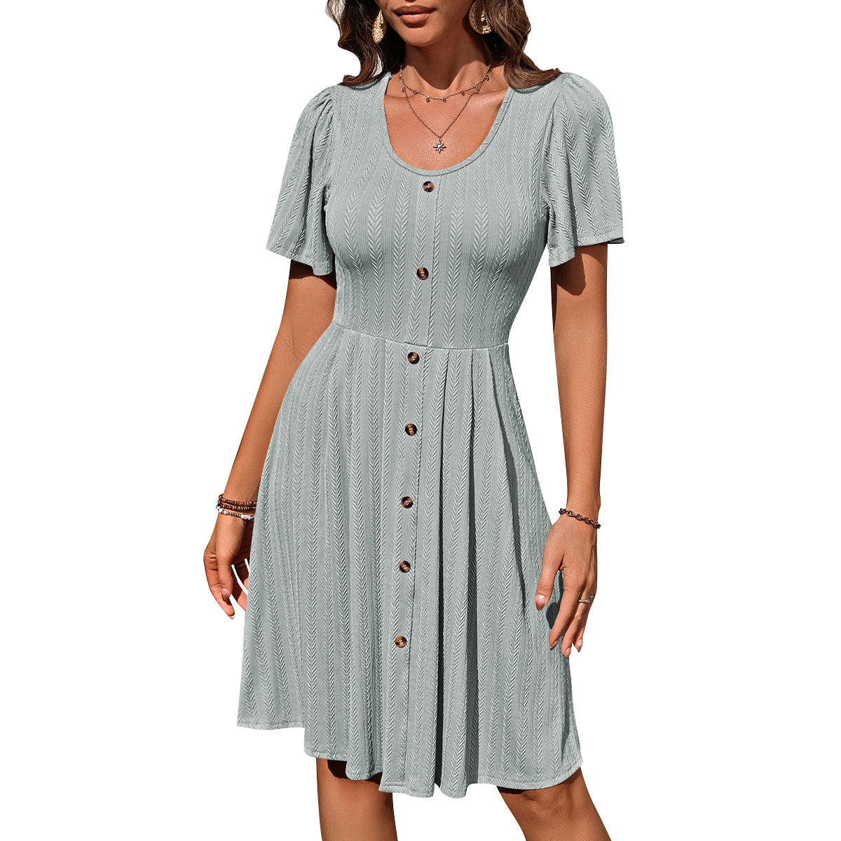 Summer U-neck Short-sleeved Dress With Button Casual Solid Col