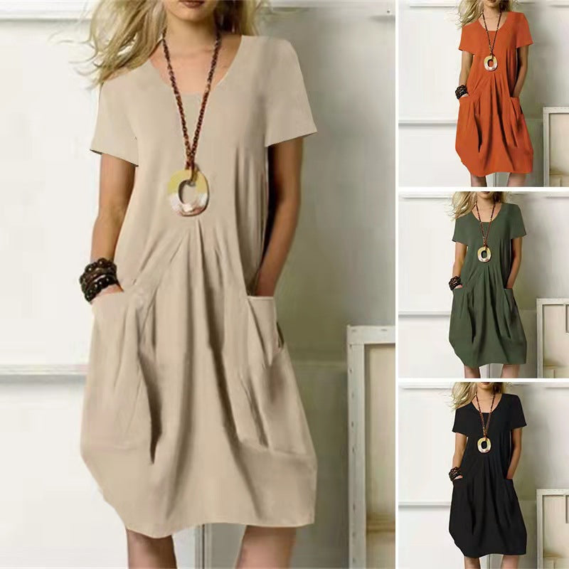 Robe avec poches en coton et lin, couleur unie, ample, col rond, manches courtes