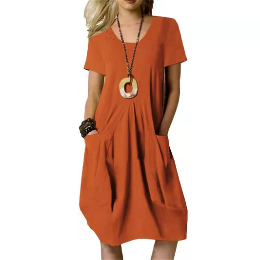 Robe avec poches en coton et lin, couleur unie, ample, col rond, manches courtes