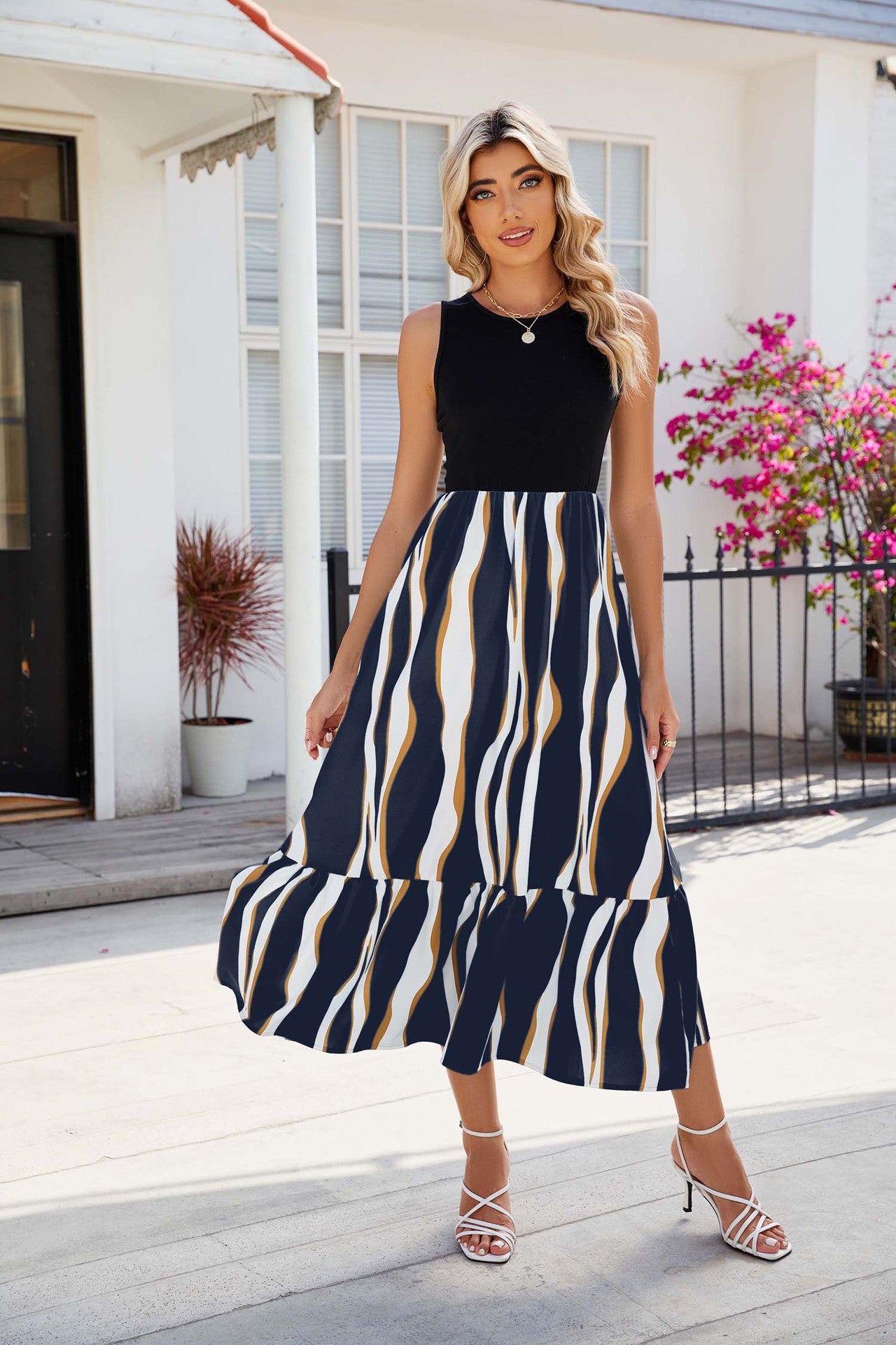 Round Neck Sleeveless Long Dress Summer Fashion Striped Print Dresses