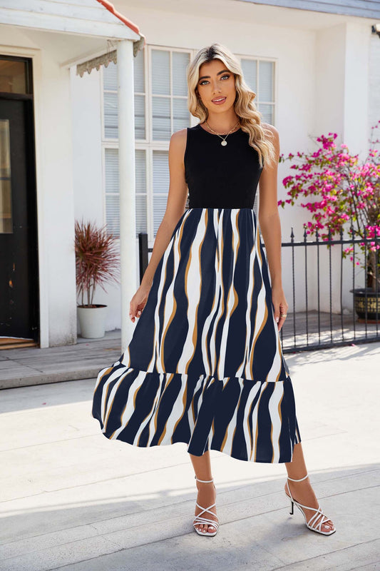 Round Neck Sleeveless Long Dress Summer Fashion Striped Print Dresses