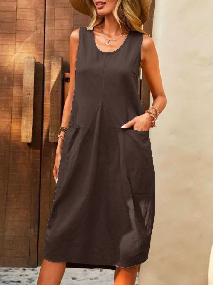 Sleeveless U-neck Dress With Pockets Design Casual Solid Color Loose Dresses