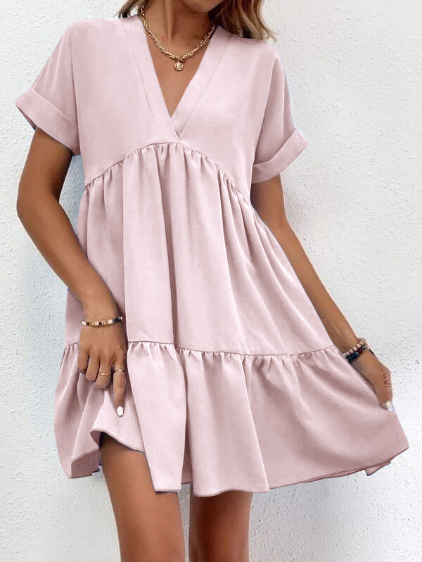 Short-sleeved V-neck Dress Casual Ruffled Dresses Solid Color