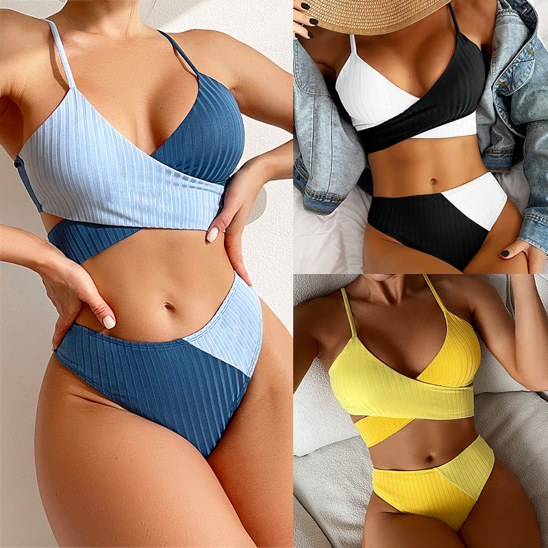 Bikini Patchwork Swimwear Ribbed Knot Ruched