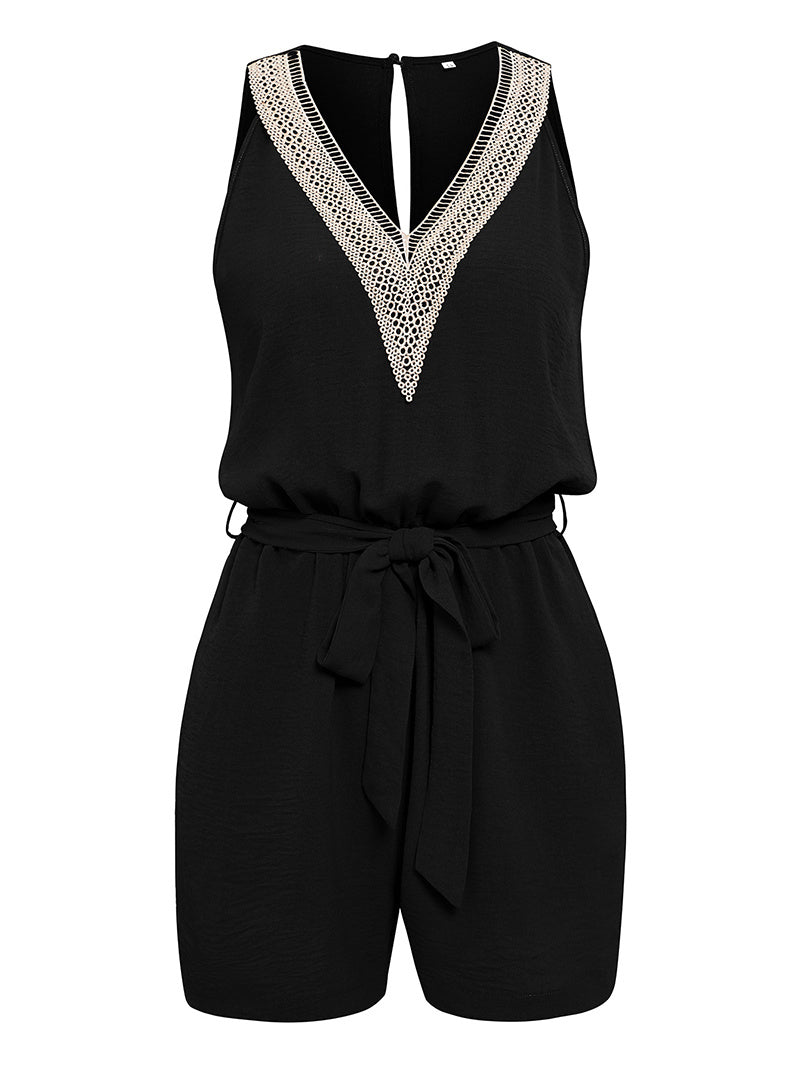 Casual Jumpsuit Lace V-neck Sleeveless Tops Tie-up Shorts