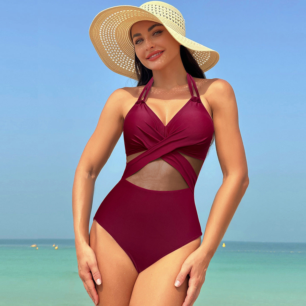 One-piece Swimsuit  Solid Color Cross-strap Design Mesh