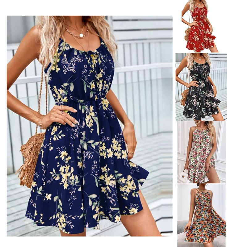 Floral Print Suspender Dress With Elastic Waist Summer Short Dre