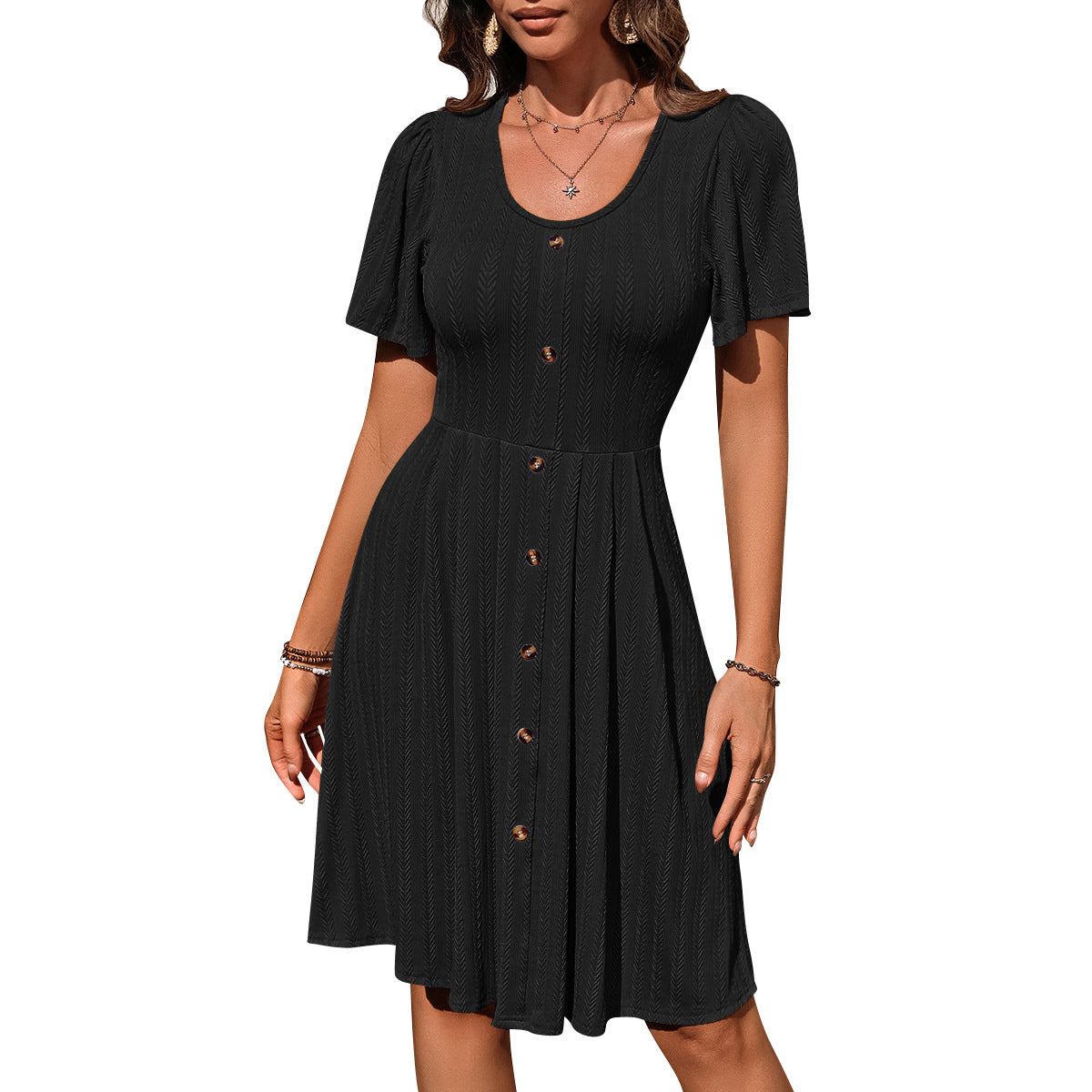 Summer U-neck Short-sleeved Dress With Button Casual Solid Col