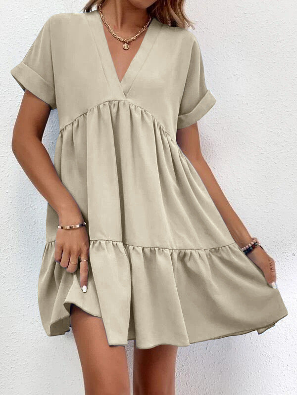 Short-sleeved V-neck Dress Casual Ruffled Dresses Solid Color