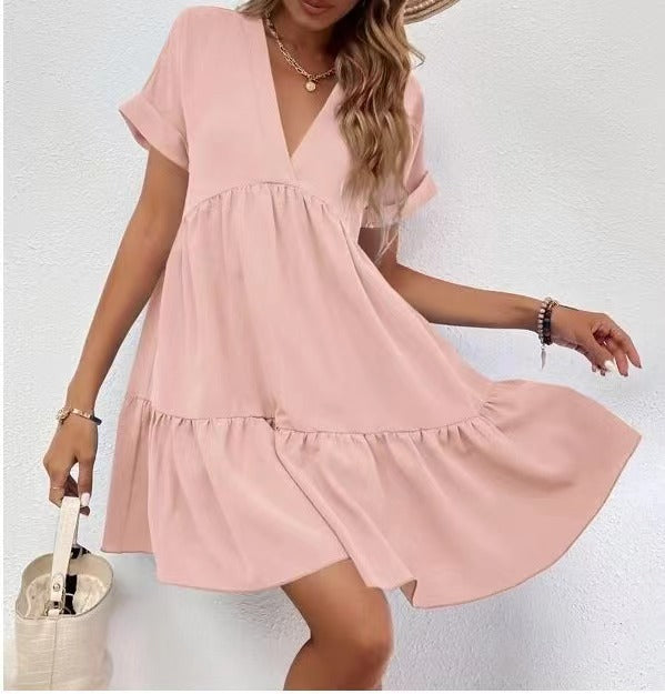 Short-sleeved V-neck Dress Casual Ruffled Dresses Solid Color