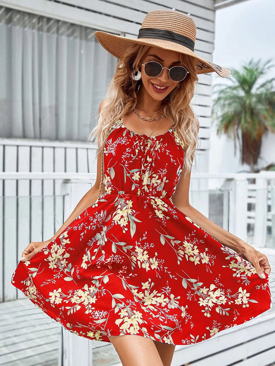 Floral Print Suspender Dress With Elastic Waist Summer Short Dre