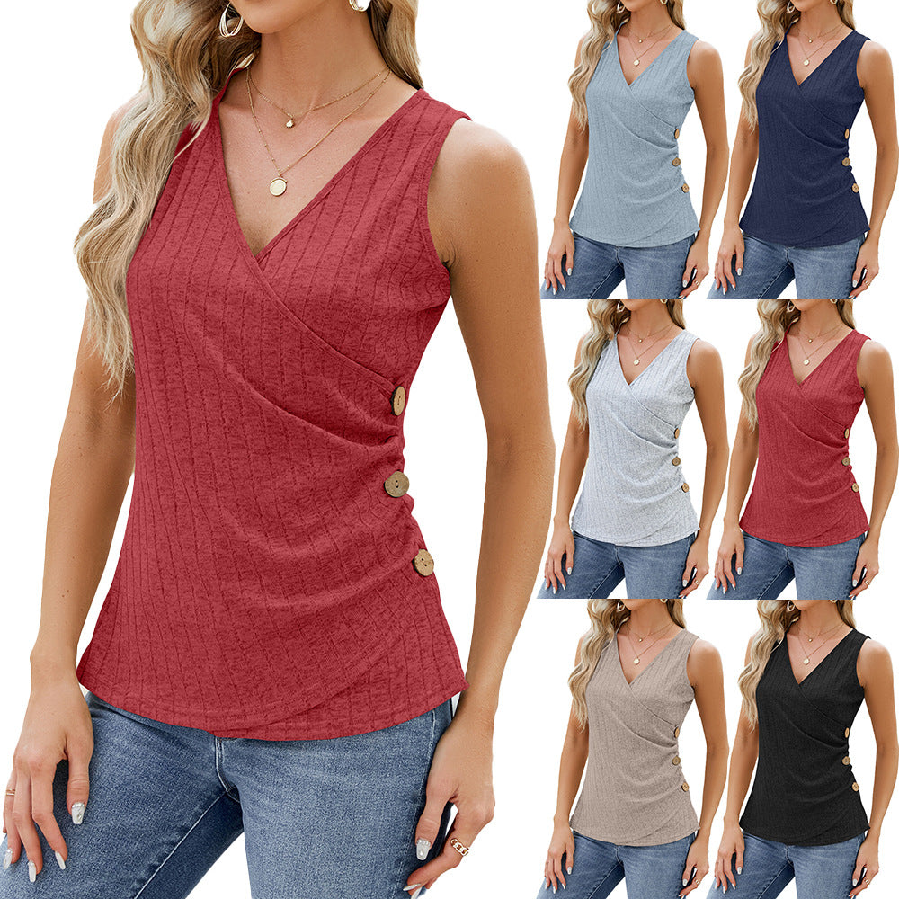 Tank Tops With Button Sleeveless V-neck Solid Color