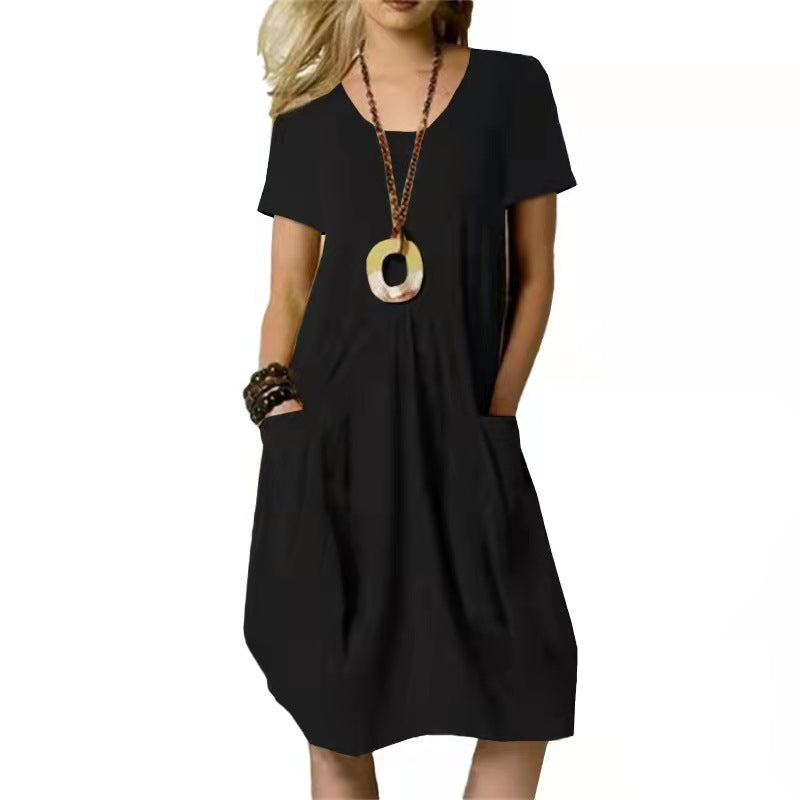 Robe avec poches en coton et lin, couleur unie, ample, col rond, manches courtes