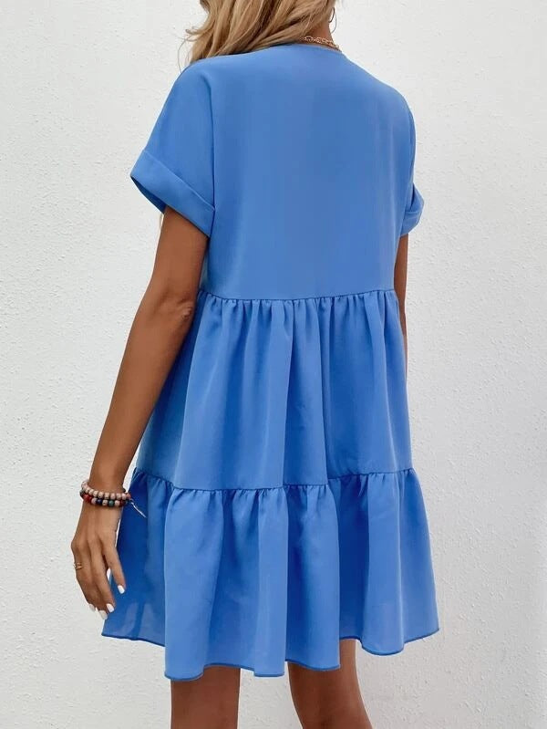 Short-sleeved V-neck Dress Casual Ruffled Dresses Solid Color