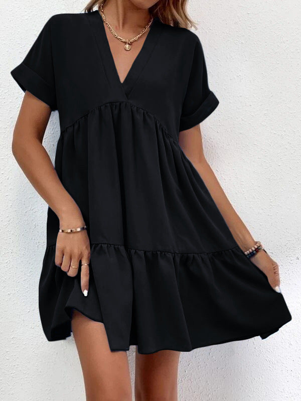 Short-sleeved V-neck Dress Casual Ruffled Dresses Solid Color