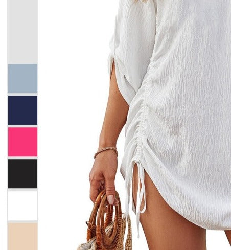 Drawstring Solid Color Shirt On Both Sides Beach Cover up