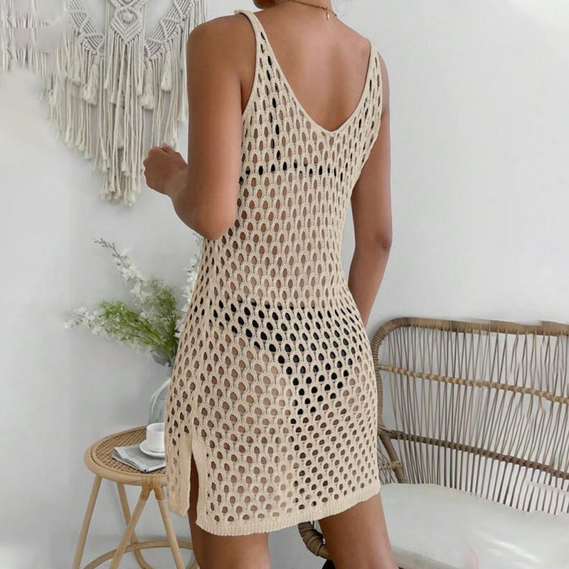 Solid Color Knitted Hollow Beach Blouse